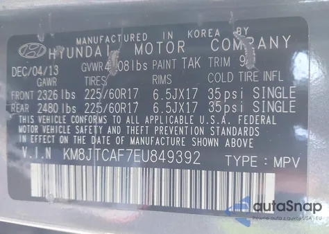 2014 Hyundai Tucson Gls z USA, uszkodzony, nr VIN KM8JTCAF7EU849392